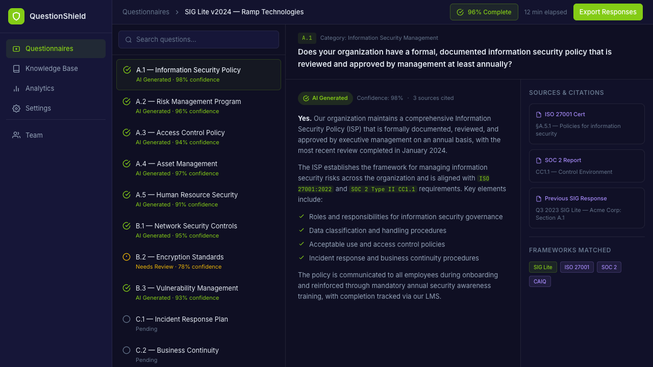 QuestionShield dashboard showing questionnaire responses with citation badges and confidence scores